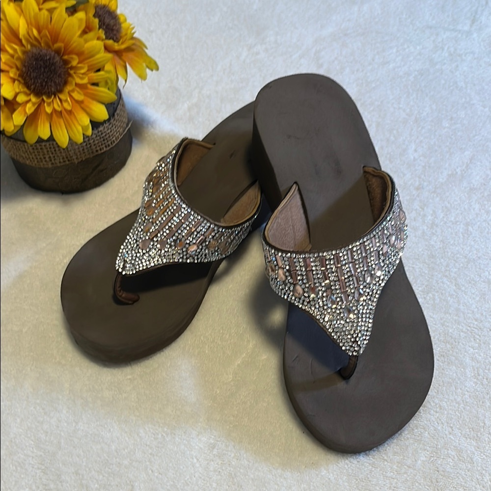 Olivia Miller Brown Sandals with Elegant Patterned Straps